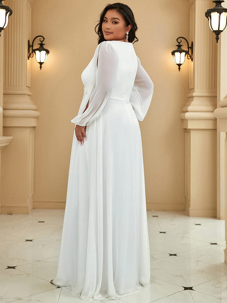 Women's Navy Chiffon Plus Size Evening Gown with Lantern Sleeves