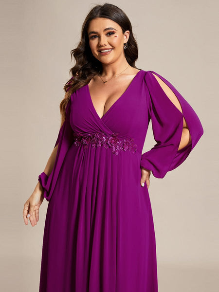 Women's Navy Chiffon Plus Size Evening Gown with Lantern Sleeves