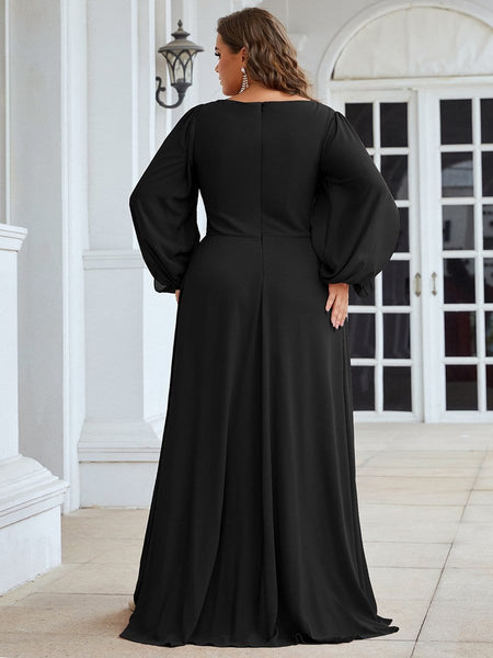 Women's Navy Chiffon Plus Size Evening Gown with Lantern Sleeves