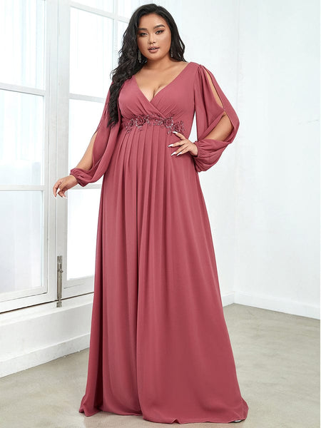 Women's Navy Chiffon Plus Size Evening Gown with Lantern Sleeves