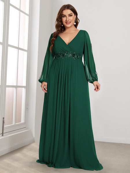 Women's Navy Chiffon Plus Size Evening Gown with Lantern Sleeves
