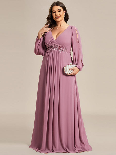 Women's Navy Chiffon Plus Size Evening Gown with Lantern Sleeves