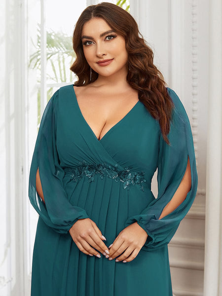 Women's Navy Chiffon Plus Size Evening Gown with Lantern Sleeves