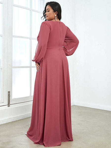 Women's Navy Chiffon Plus Size Evening Gown with Lantern Sleeves