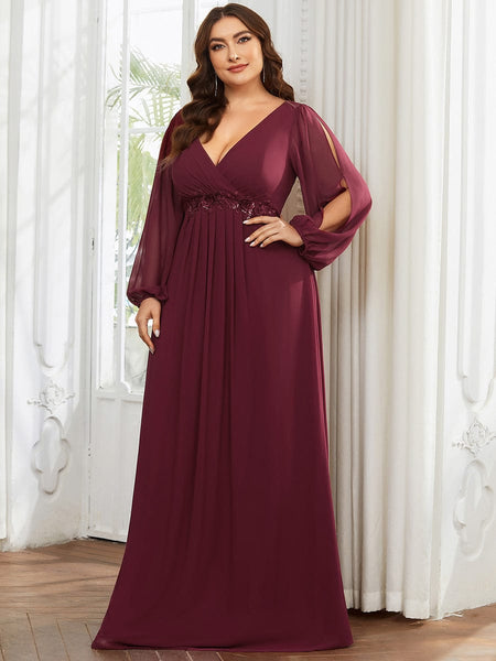 Women's Navy Chiffon Plus Size Evening Gown with Lantern Sleeves