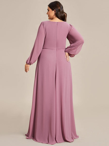 Women's Navy Chiffon Plus Size Evening Gown with Lantern Sleeves
