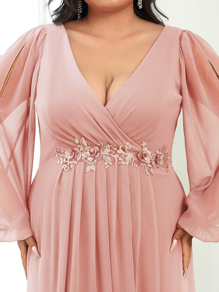 Women's Navy Chiffon Plus Size Evening Gown with Lantern Sleeves