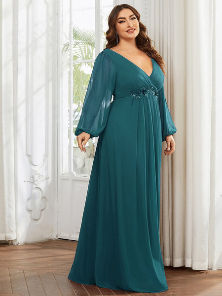 Women's Navy Chiffon Plus Size Evening Gown with Lantern Sleeves