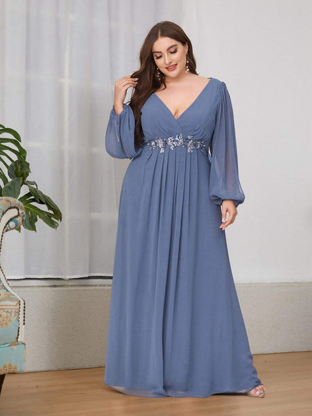 Women's Navy Chiffon Plus Size Evening Gown with Lantern Sleeves