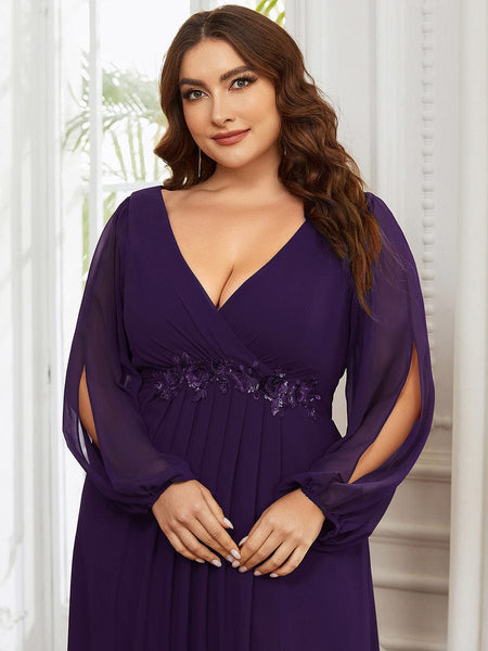 Women's Navy Chiffon Plus Size Evening Gown with Lantern Sleeves