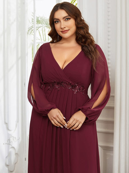 Women's Navy Chiffon Plus Size Evening Gown with Lantern Sleeves