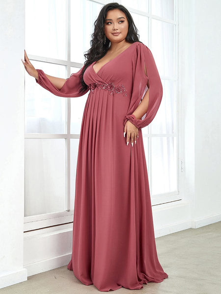 Women's Navy Chiffon Plus Size Evening Gown with Lantern Sleeves