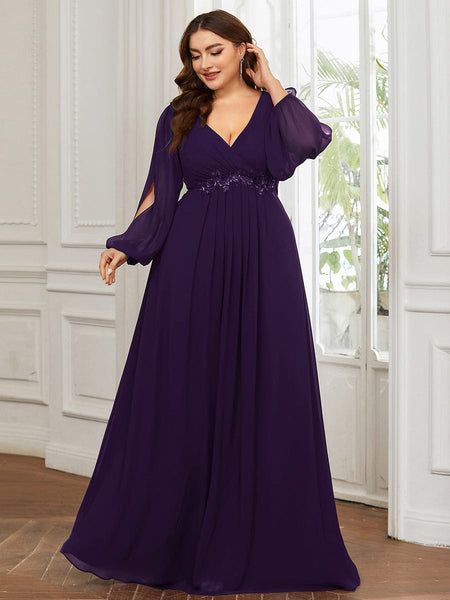 Women's Navy Chiffon Plus Size Evening Gown with Lantern Sleeves