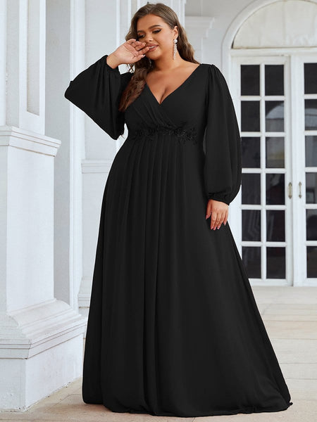 Women's Navy Chiffon Plus Size Evening Gown with Lantern Sleeves