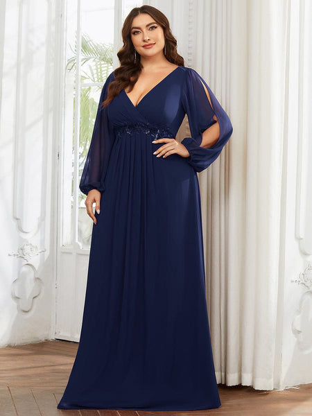 Women's Navy Chiffon Plus Size Evening Gown with Lantern Sleeves