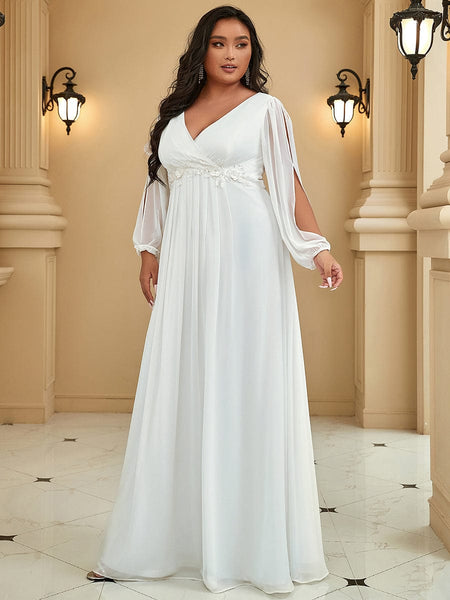 Women's Navy Chiffon Plus Size Evening Gown with Lantern Sleeves