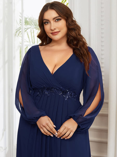 Women's Navy Chiffon Plus Size Evening Gown with Lantern Sleeves
