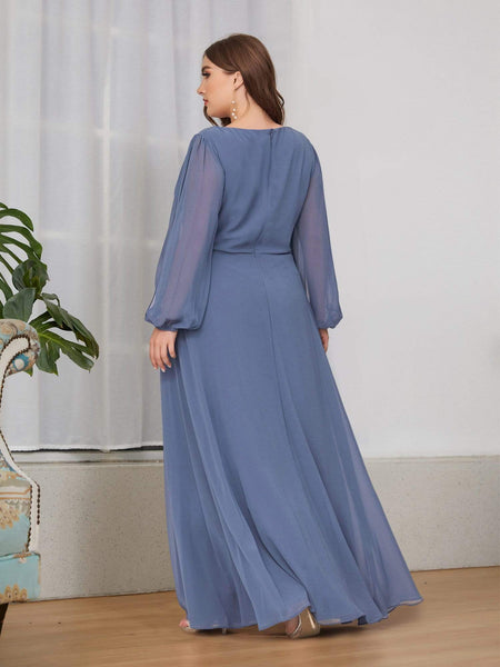 Women's Navy Chiffon Plus Size Evening Gown with Lantern Sleeves