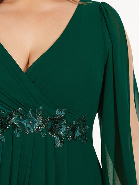 Women's Navy Chiffon Plus Size Evening Gown with Lantern Sleeves