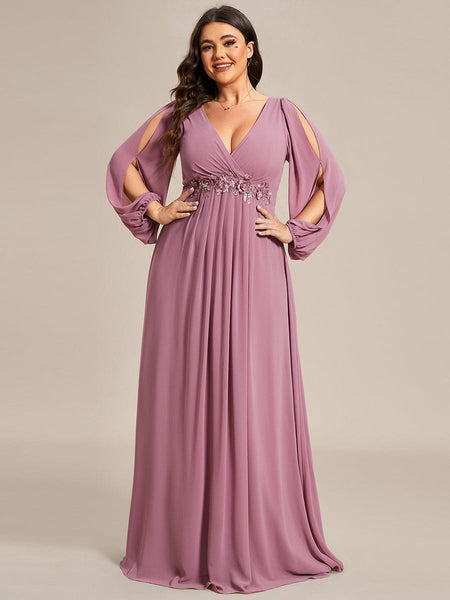 Women's Navy Chiffon Plus Size Evening Gown with Lantern Sleeves