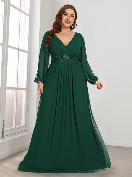 Women's Navy Chiffon Plus Size Evening Gown with Lantern Sleeves