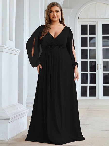 Women's Navy Chiffon Plus Size Evening Gown with Lantern Sleeves