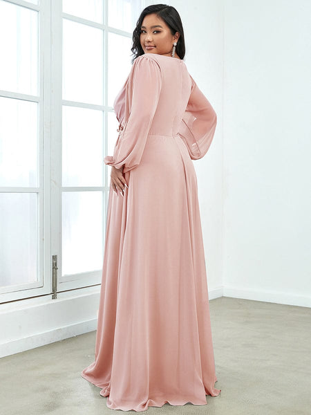 Women's Navy Chiffon Plus Size Evening Gown with Lantern Sleeves