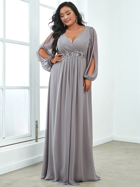 Women's Navy Chiffon Plus Size Evening Gown with Lantern Sleeves