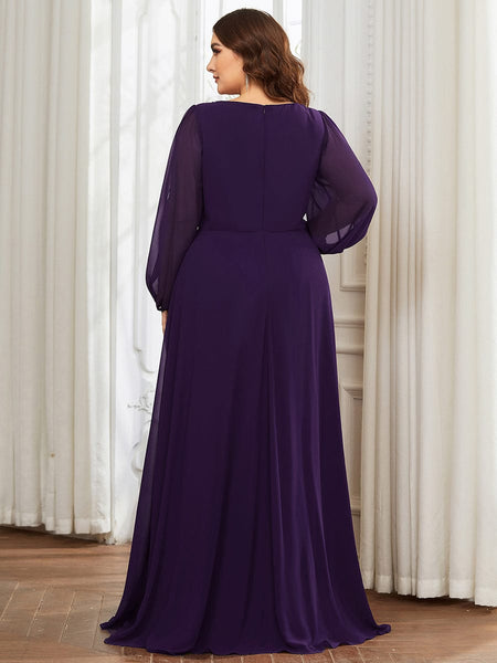 Women's Navy Chiffon Plus Size Evening Gown with Lantern Sleeves