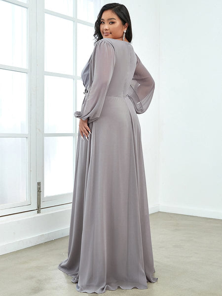 Women's Navy Chiffon Plus Size Evening Gown with Lantern Sleeves
