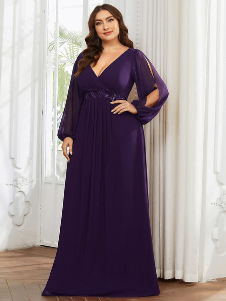 Women's Navy Chiffon Plus Size Evening Gown with Lantern Sleeves