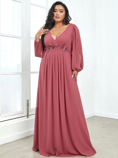 Women's Navy Chiffon Plus Size Evening Gown with Lantern Sleeves