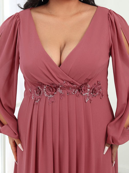 Women's Navy Chiffon Plus Size Evening Gown with Lantern Sleeves