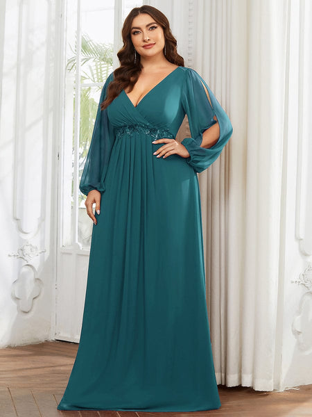 Women's Navy Chiffon Plus Size Evening Gown with Lantern Sleeves