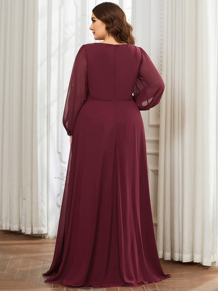 Women's Navy Chiffon Plus Size Evening Gown with Lantern Sleeves