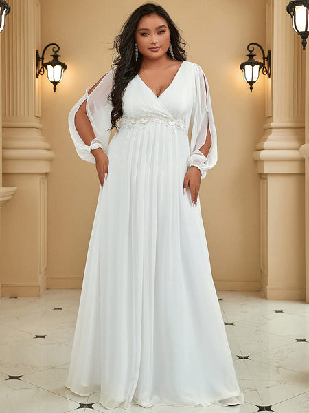 Women's Navy Chiffon Plus Size Evening Gown with Lantern Sleeves