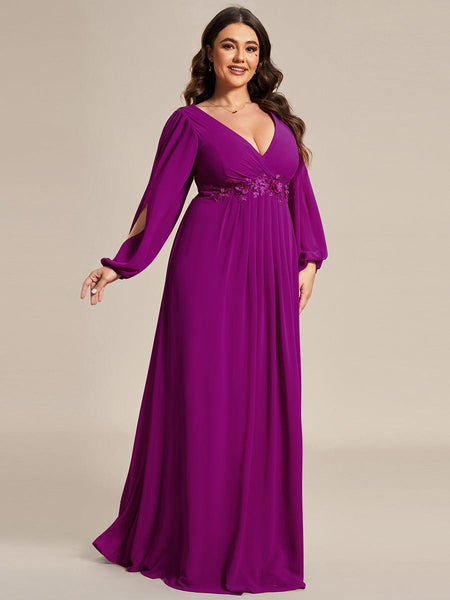 Women's Navy Chiffon Plus Size Evening Gown with Lantern Sleeves