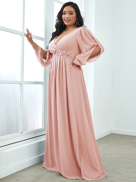 Women's Navy Chiffon Plus Size Evening Gown with Lantern Sleeves