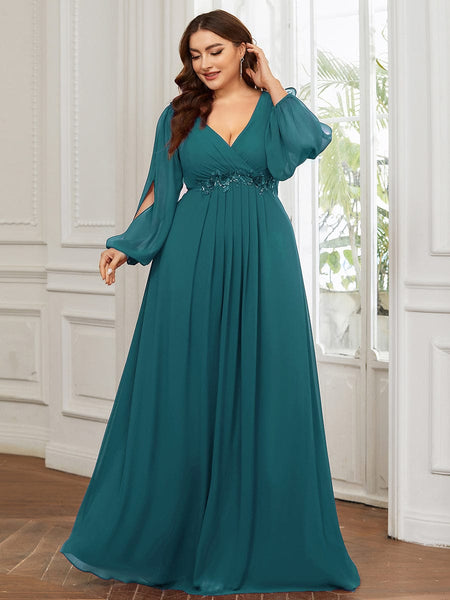 Women's Navy Chiffon Plus Size Evening Gown with Lantern Sleeves