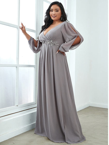 Women's Navy Chiffon Plus Size Evening Gown with Lantern Sleeves