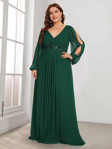 Women's Navy Chiffon Plus Size Evening Gown with Lantern Sleeves