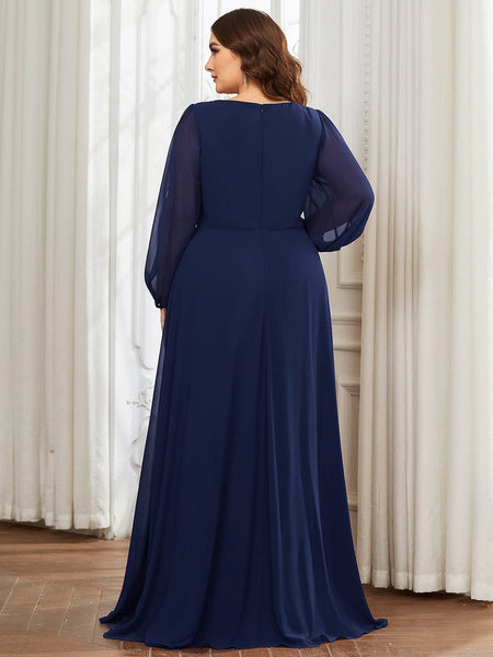 Women's Navy Chiffon Plus Size Evening Gown with Lantern Sleeves