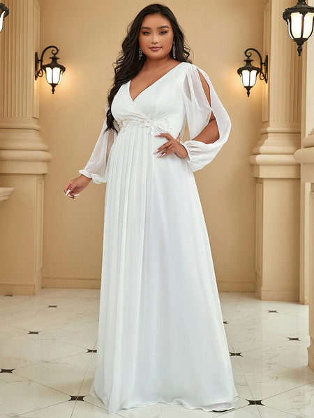 Women's Navy Chiffon Plus Size Evening Gown with Lantern Sleeves