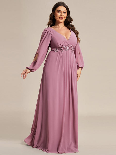 Women's Navy Chiffon Plus Size Evening Gown with Lantern Sleeves