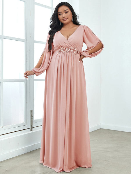 Women's Navy Chiffon Plus Size Evening Gown with Lantern Sleeves