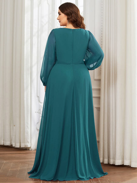 Women's Navy Chiffon Plus Size Evening Gown with Lantern Sleeves