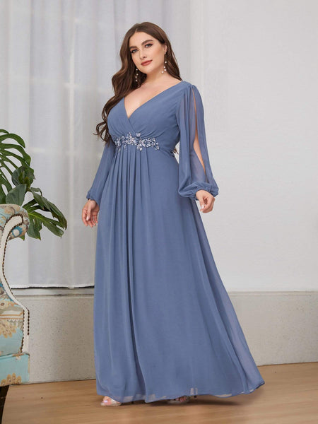 Women's Navy Chiffon Plus Size Evening Gown with Lantern Sleeves