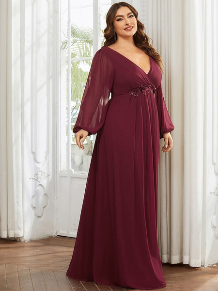 Women's Navy Chiffon Plus Size Evening Gown with Lantern Sleeves