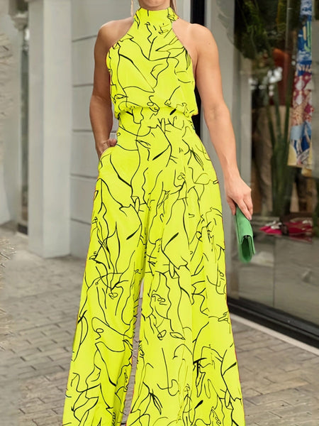Chic Print Halter Tie Waist Wide Leg Jumpsuit