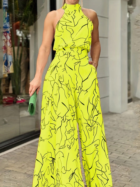 Chic Print Halter Tie Waist Wide Leg Jumpsuit